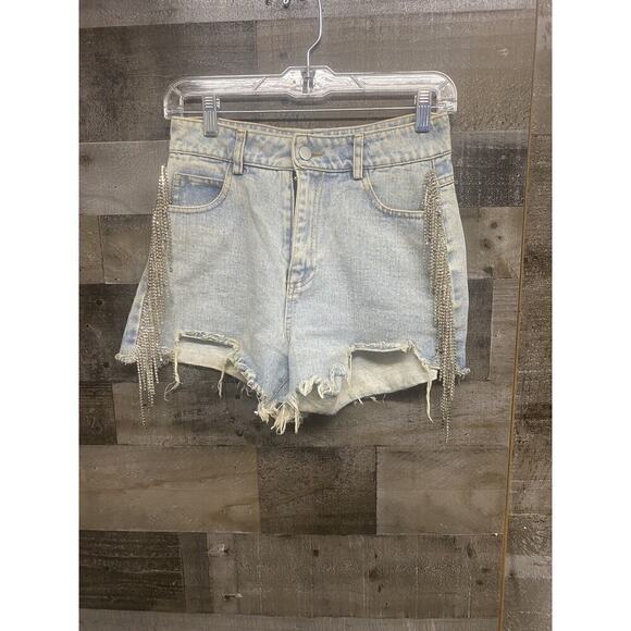 Crystal Fringe Distressed Light Wash Denim Shorts Blue B Collection Size Small - Picture 1 of 6